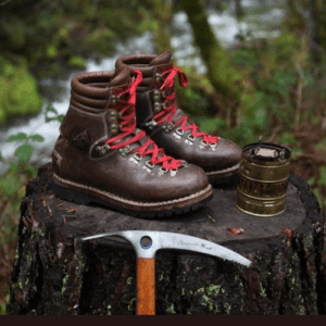 Brown hiking boots with red laces 
